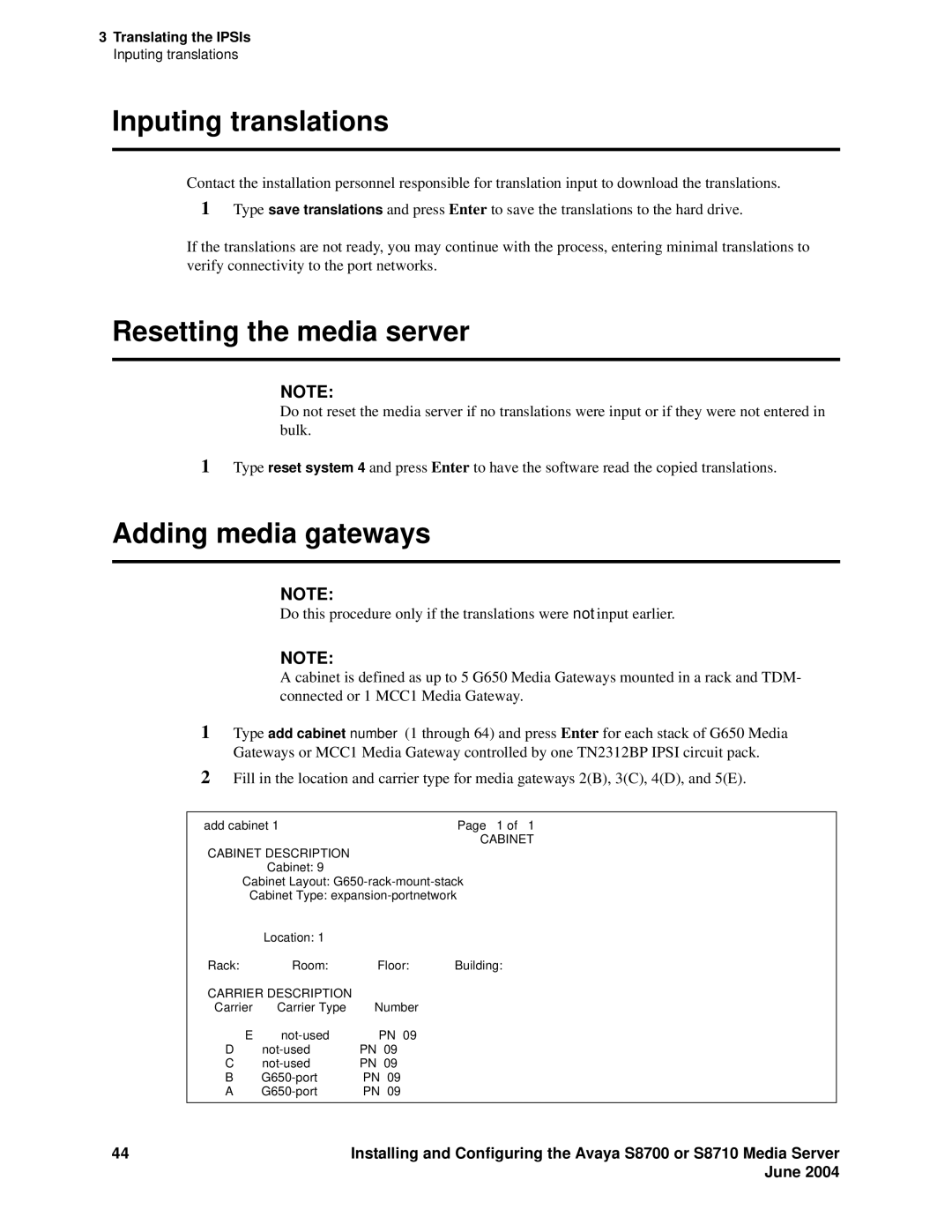 Avaya S8710 manual Inputing translations, Resetting the media server, Adding media gateways 