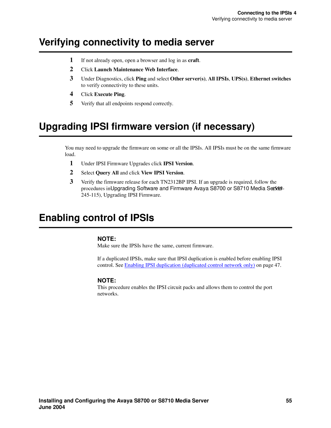 Avaya S8710 manual Verifying connectivity to media server, Upgrading Ipsi firmware version if necessary 