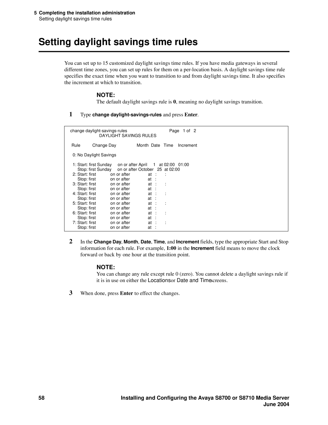 Avaya S8710 manual Setting daylight savings time rules, Type change daylight-savings-rules and press Enter 