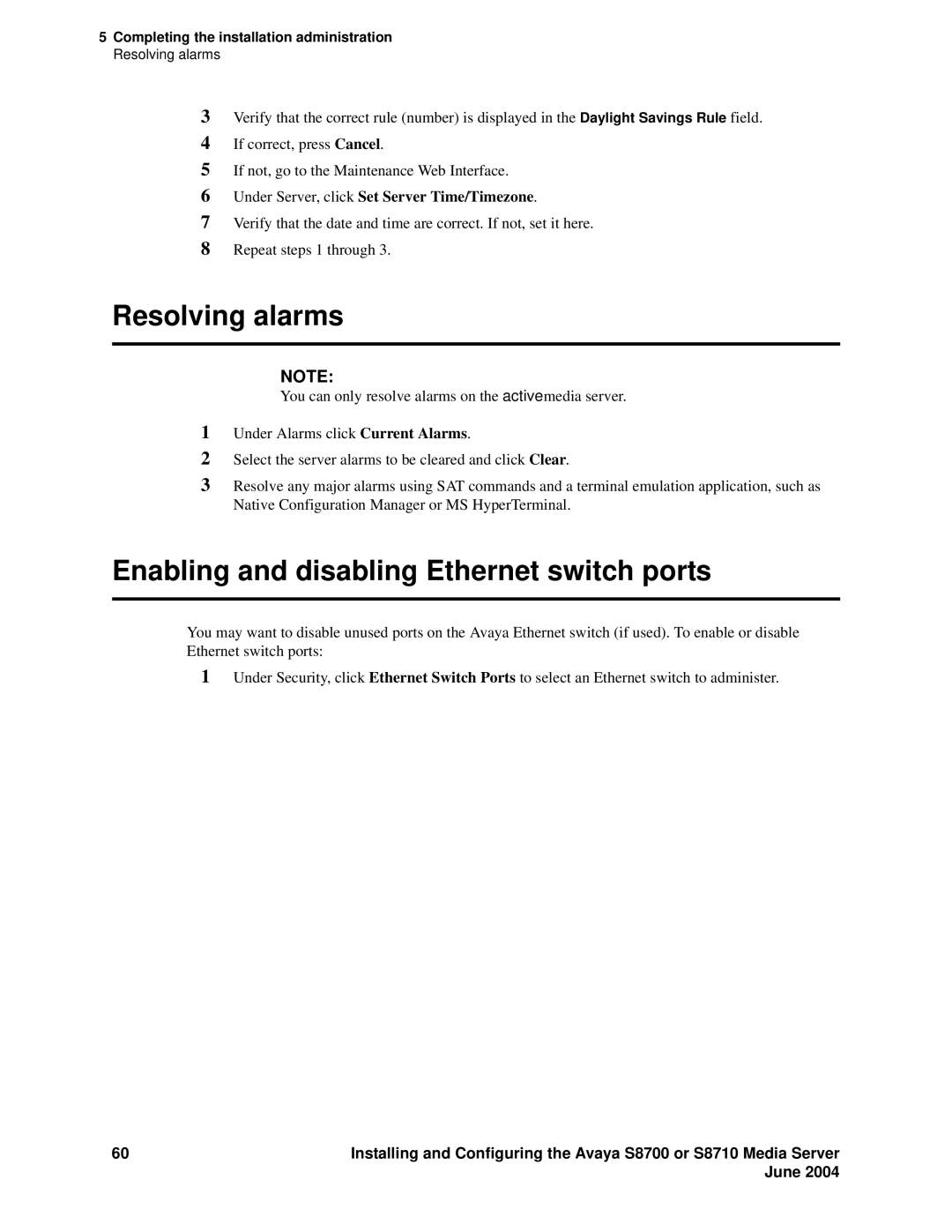 Avaya S8710 manual Resolving alarms, Enabling and disabling Ethernet switch ports 