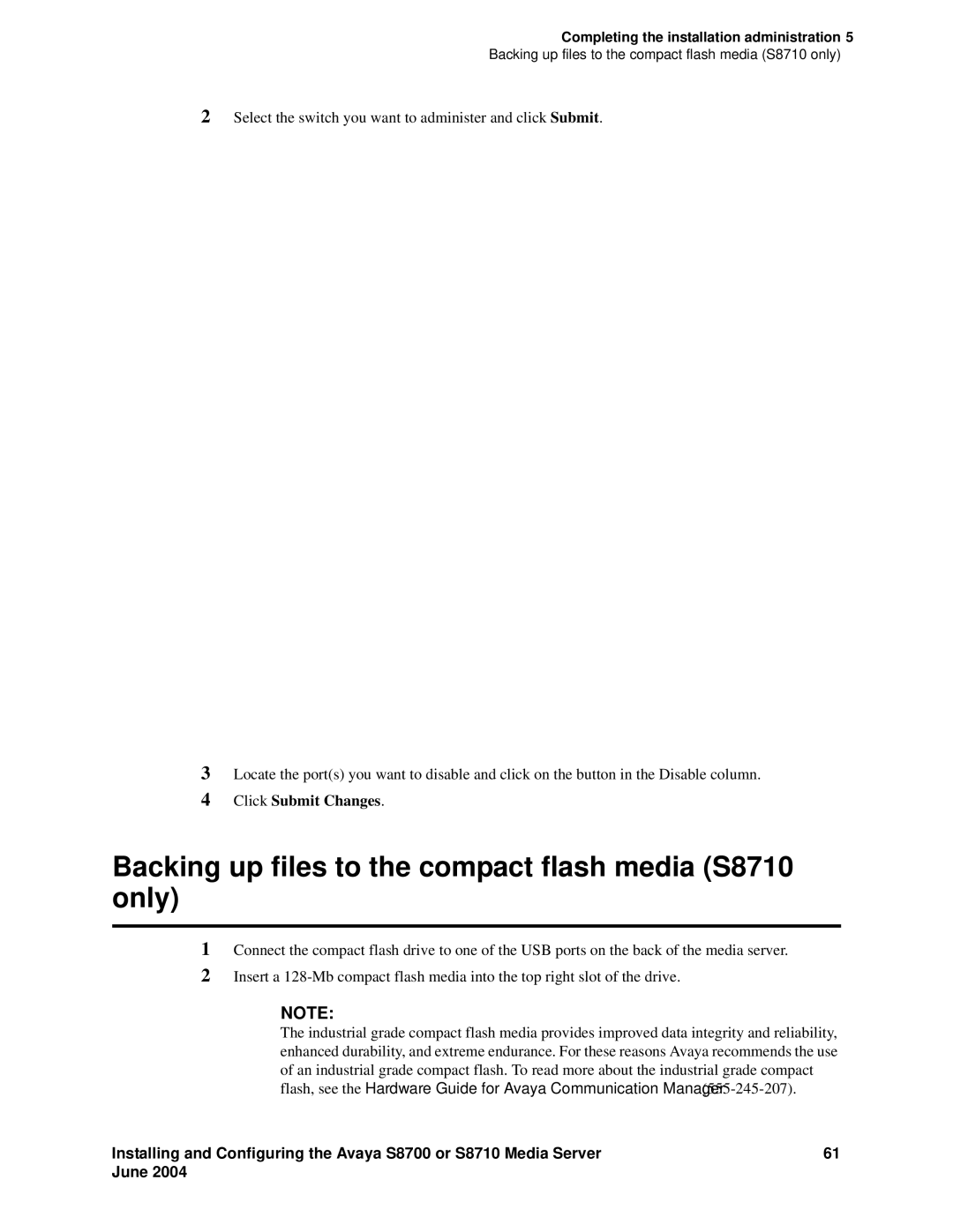 Avaya manual Backing up files to the compact flash media S8710 only 