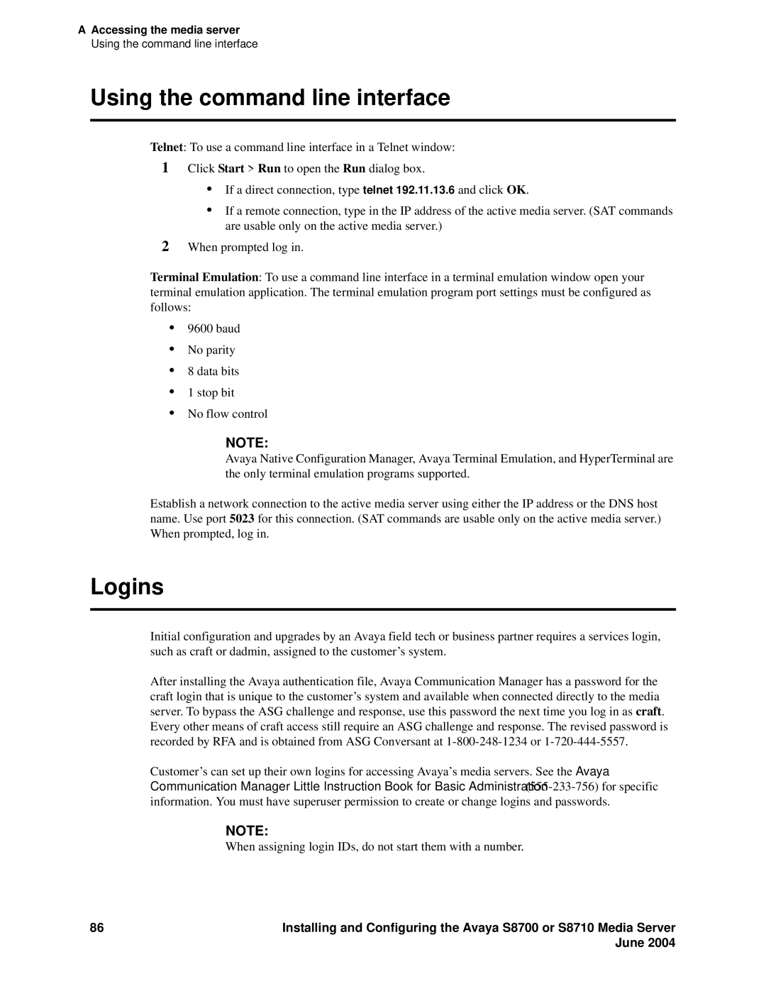 Avaya S8710 manual Using the command line interface, Logins 