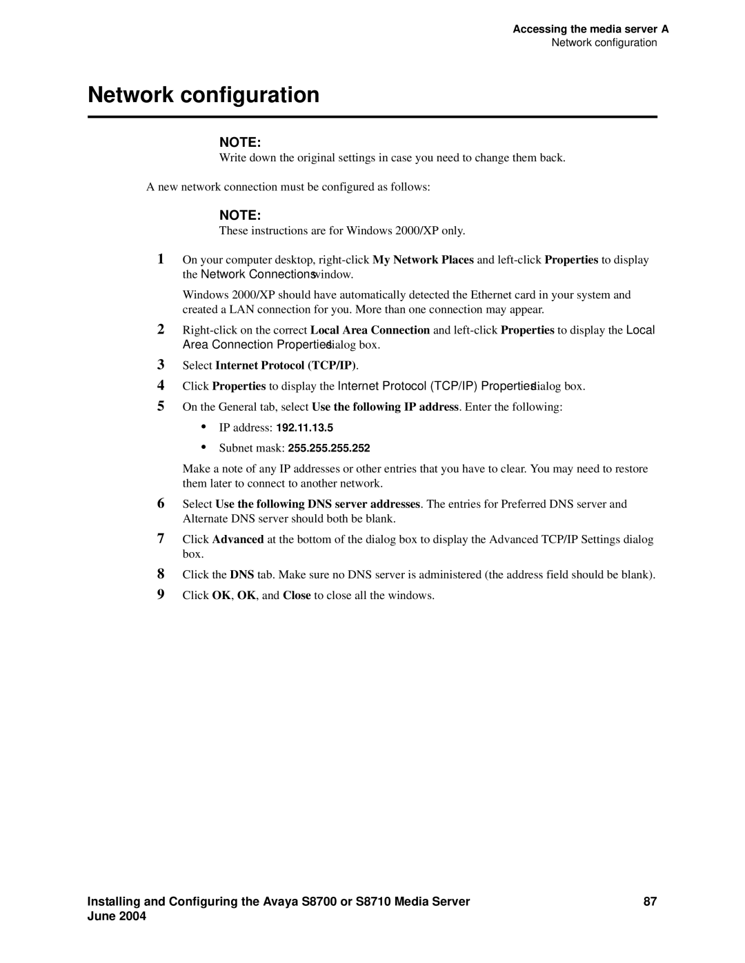 Avaya S8710 manual Network configuration 