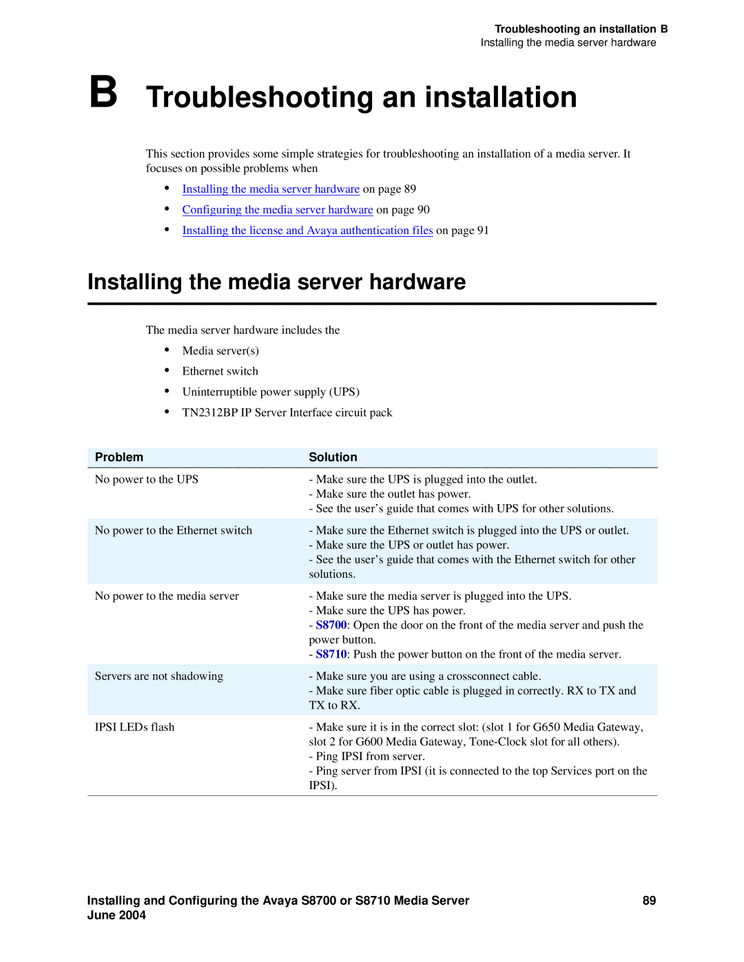 Avaya S8710 manual Troubleshooting an installation, Installing the media server hardware 