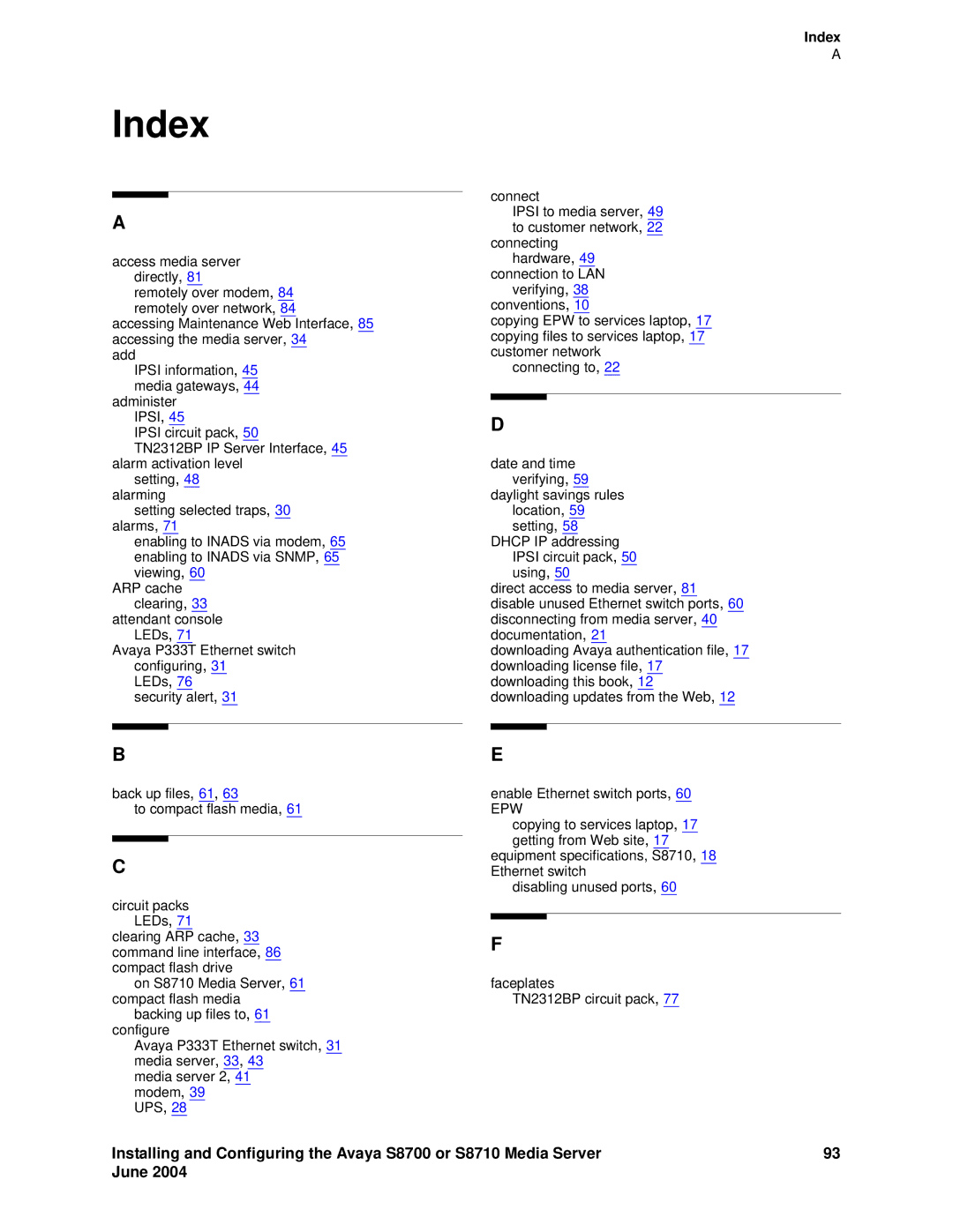 Avaya S8710 manual Index 