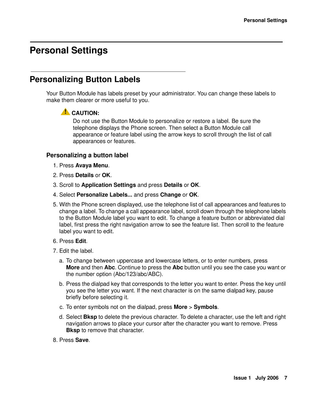 Avaya 16-300701, SBM24 manual Personal Settings, Personalizing Button Labels 