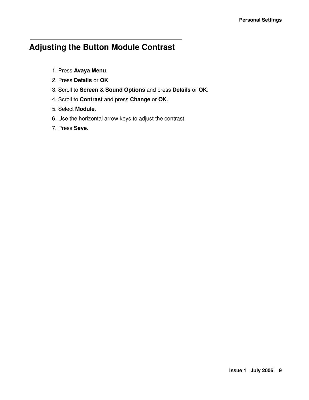 Avaya 16-300701, SBM24 manual Adjusting the Button Module Contrast 