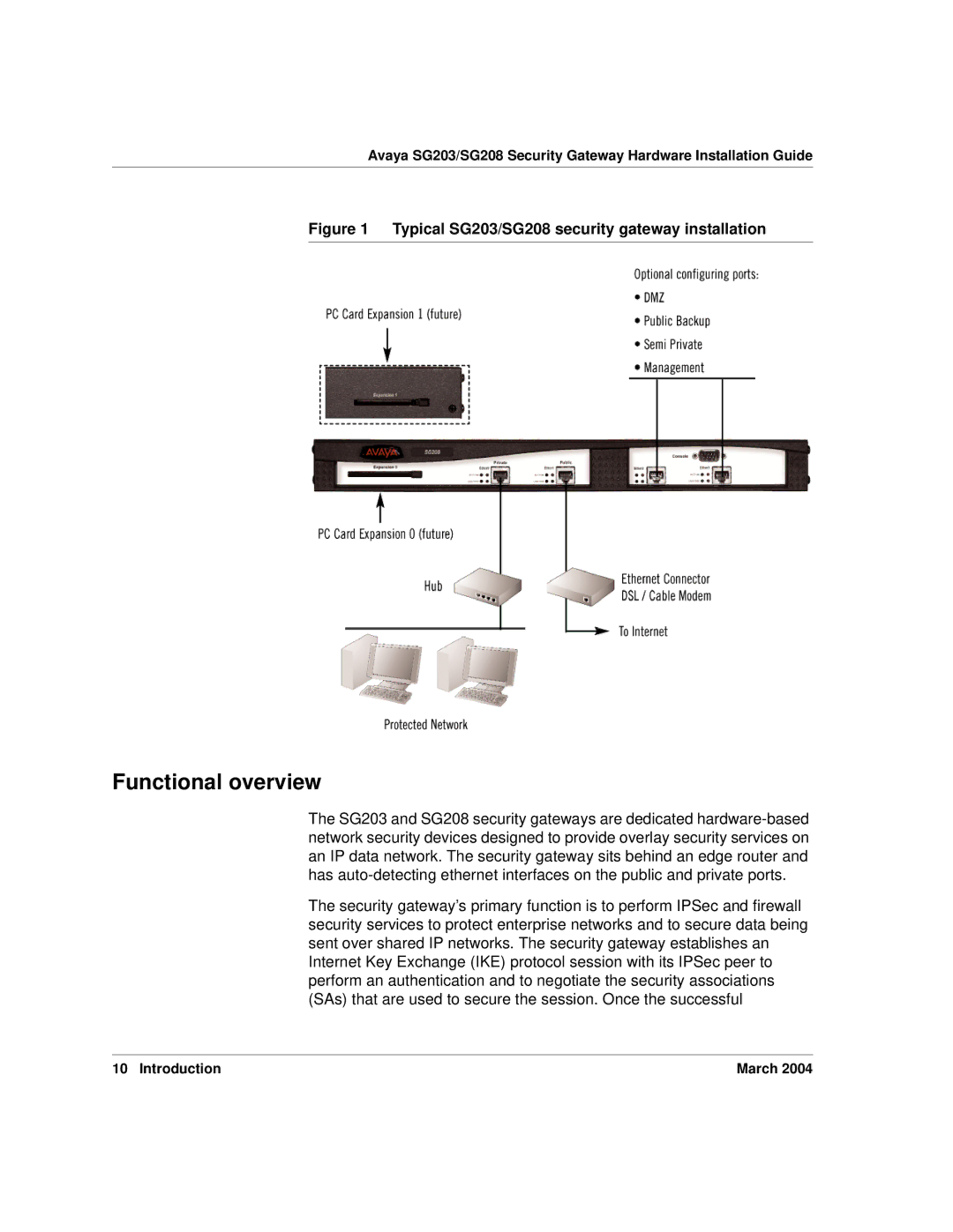 Avaya manual Functional overview, Typical SG203/SG208 security gateway installation 