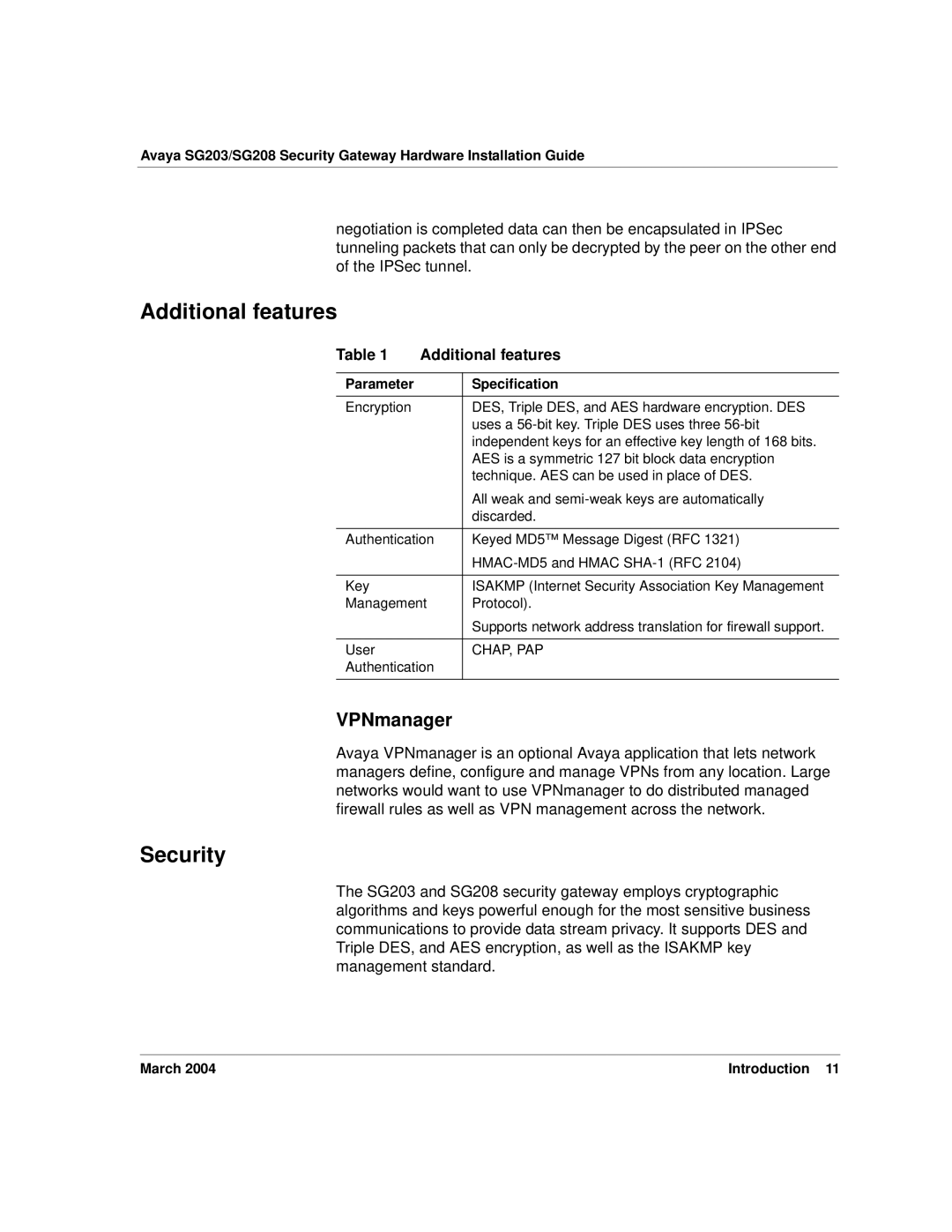 Avaya SG203, SG208 manual Additional features, Security, VPNmanager 