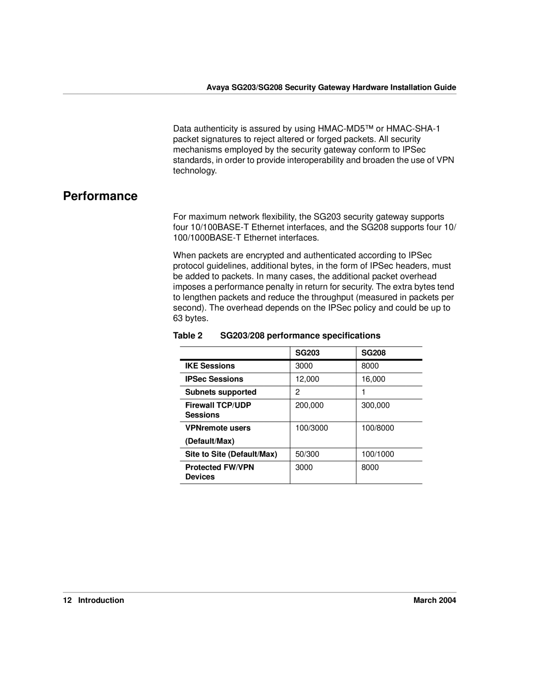 Avaya SG208 manual Performance, SG203/208 performance specifications 