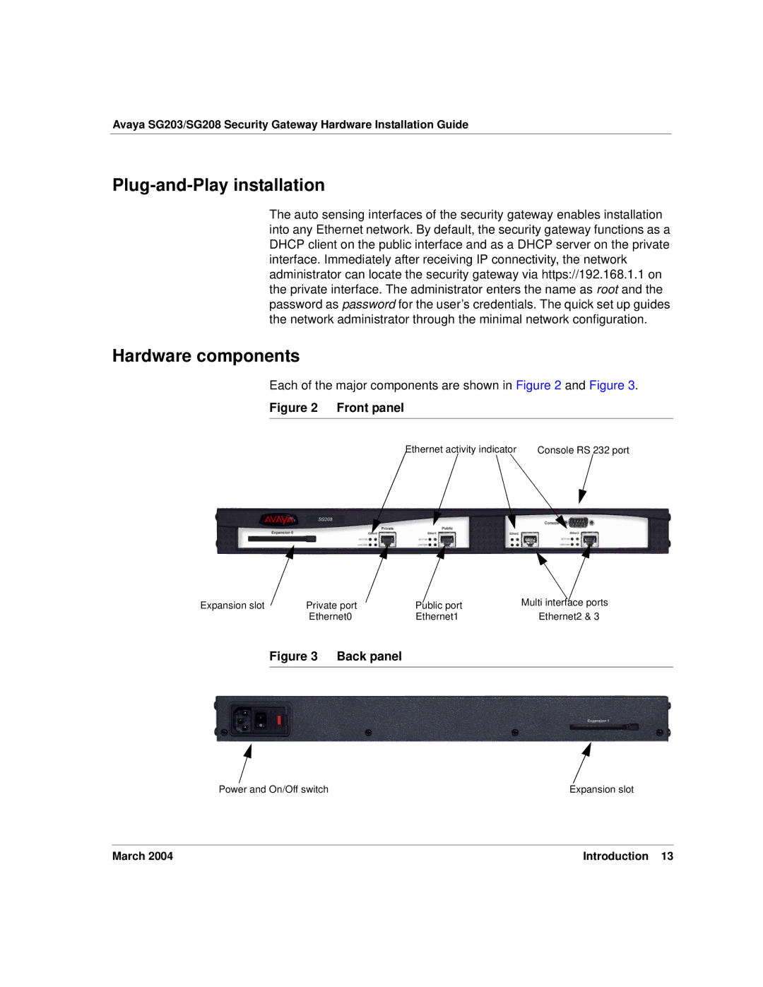 Avaya SG203, SG208 manual Plug-and-Play installation, Hardware components 