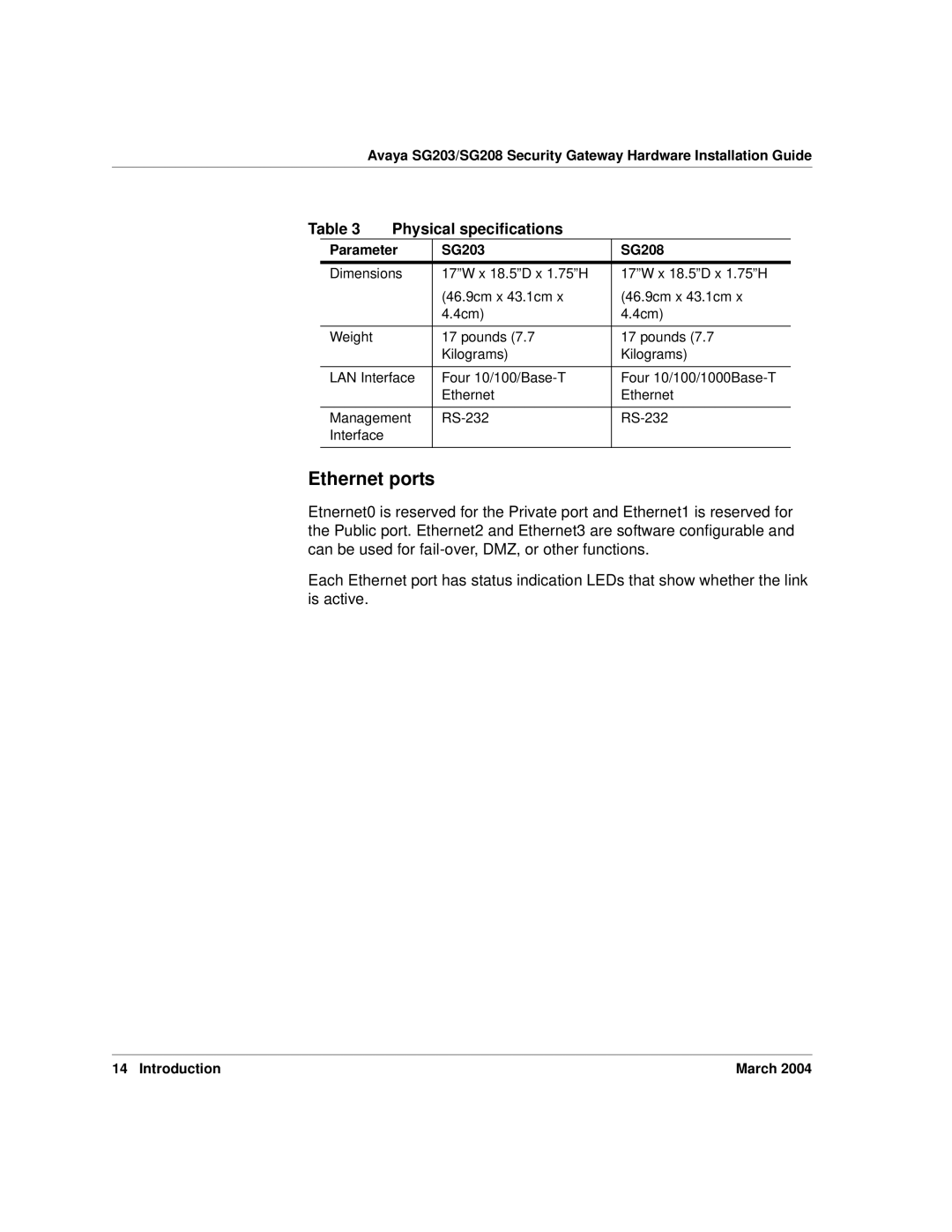 Avaya SG208, SG203 manual Ethernet ports, Physical specifications 