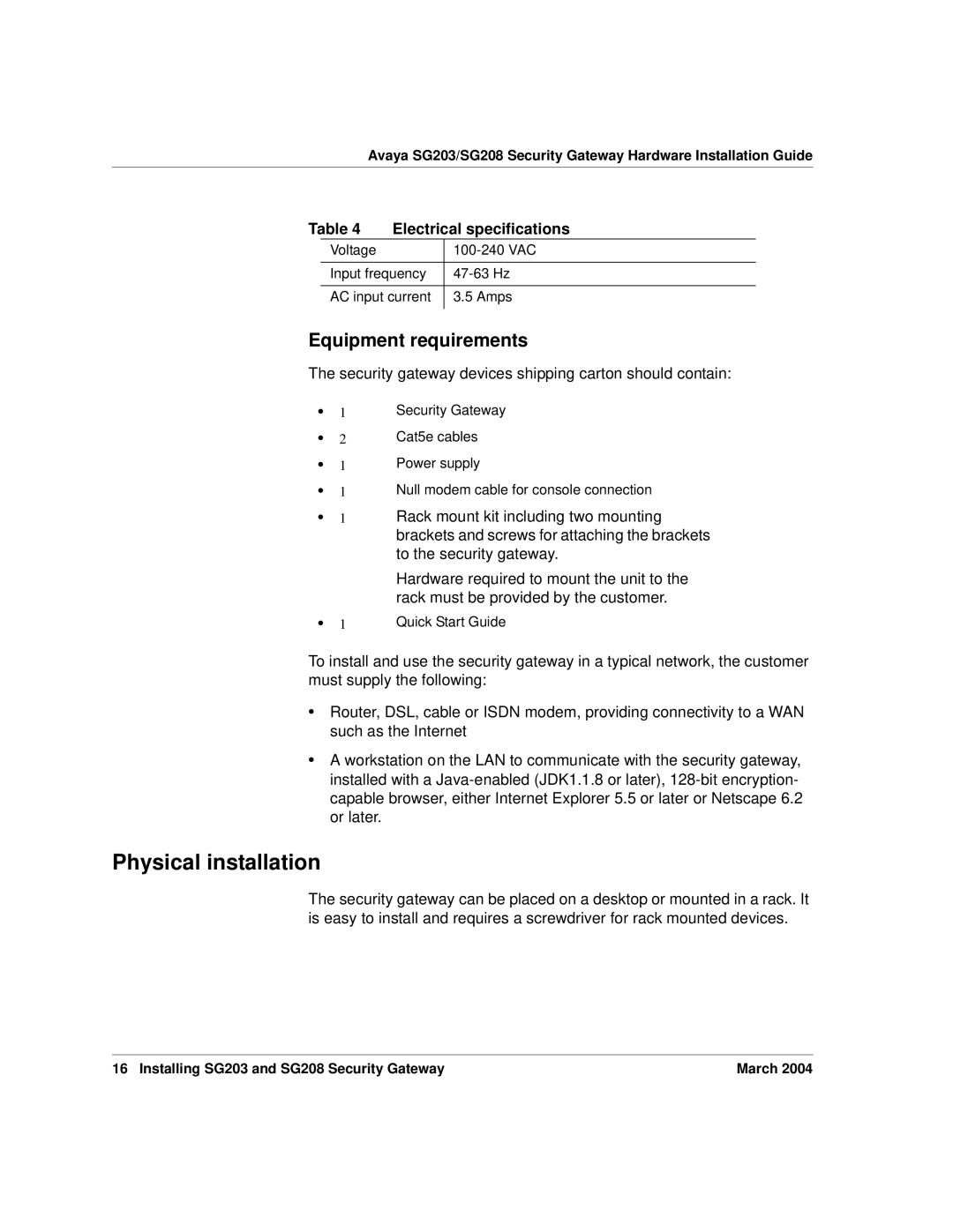 Avaya SG208, SG203 manual Physical installation, Equipment requirements, Electrical specifications 