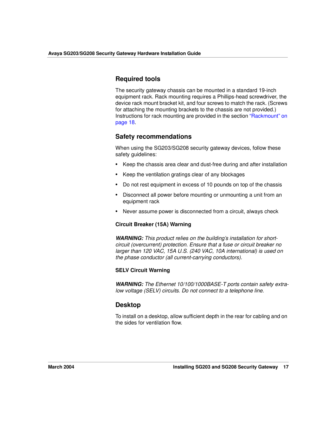 Avaya SG203, SG208 manual Required tools, Safety recommendations, Desktop, Circuit Breaker 15A Warning Selv Circuit Warning 