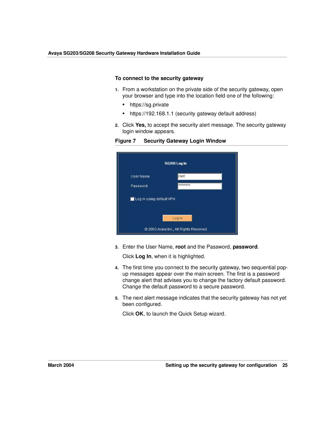 Avaya SG203, SG208 manual To connect to the security gateway, Security Gateway Login Window 