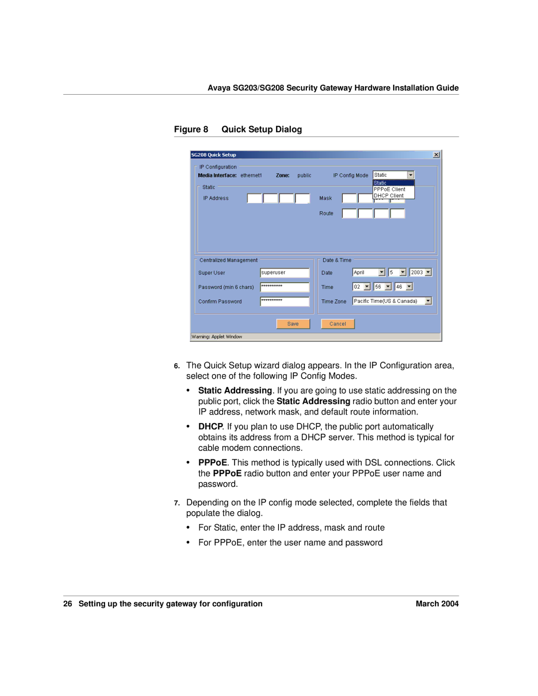 Avaya SG208, SG203 manual Quick Setup Dialog 