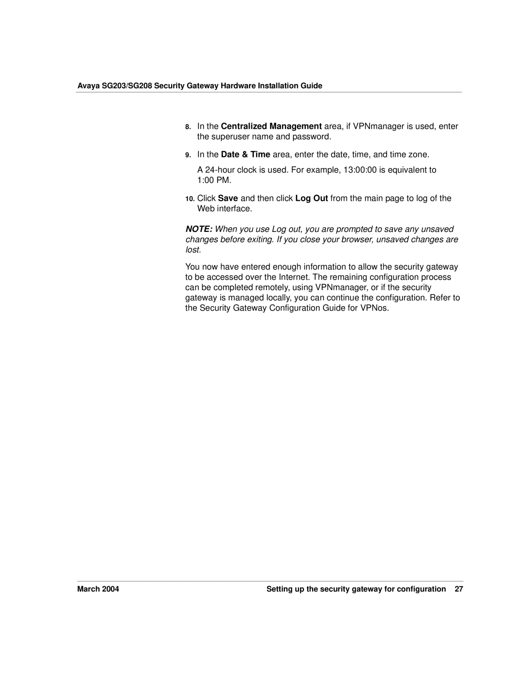 Avaya SG203, SG208 manual March Setting up the security gateway for configuration 