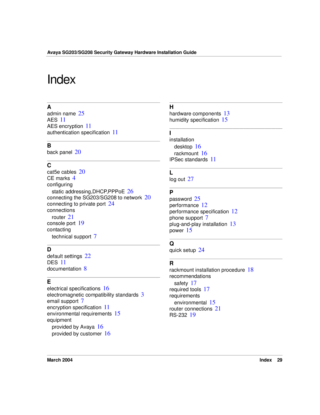 Avaya SG203, SG208 manual Index 