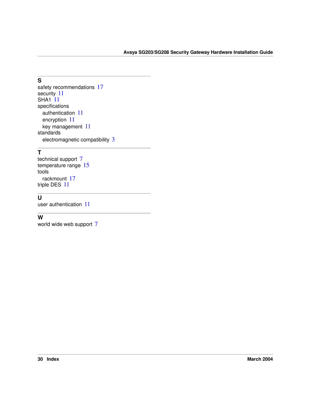 Avaya SG208, SG203 manual Index 