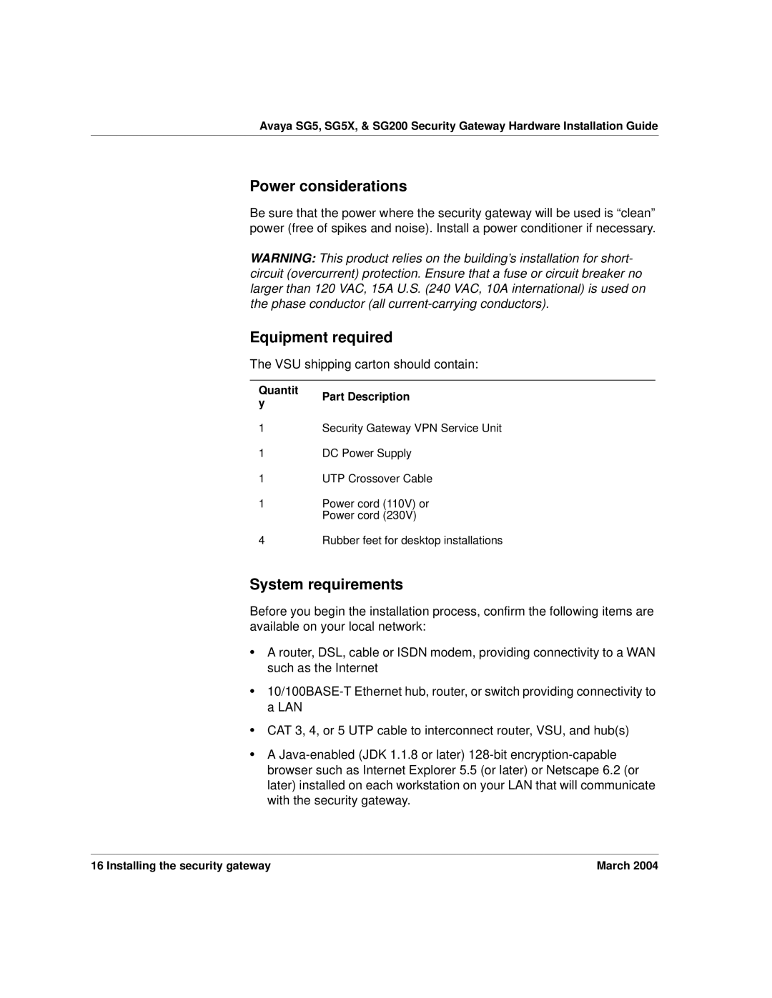 Avaya SG5X, SG200 manual Power considerations, Equipment required, System requirements 