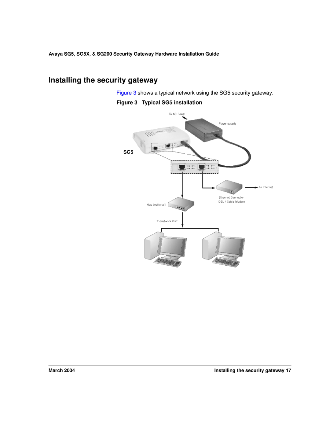 Avaya SG200, SG5X manual Installing the security gateway, Typical SG5 installation 