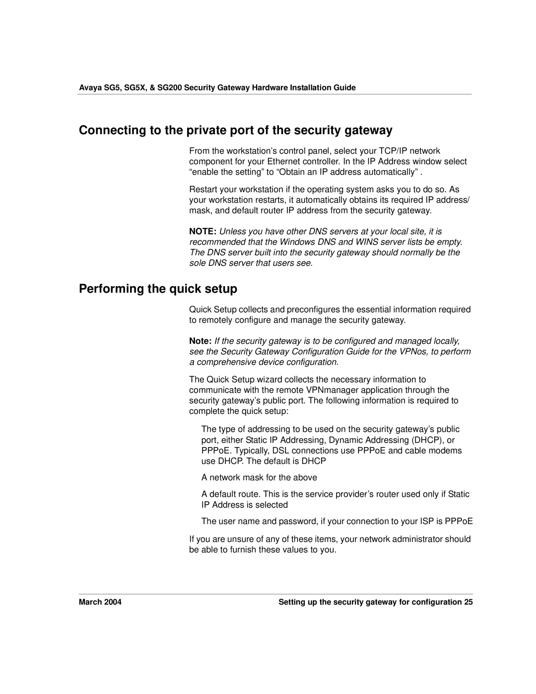 Avaya SG5X, SG200 manual Connecting to the private port of the security gateway, Performing the quick setup 