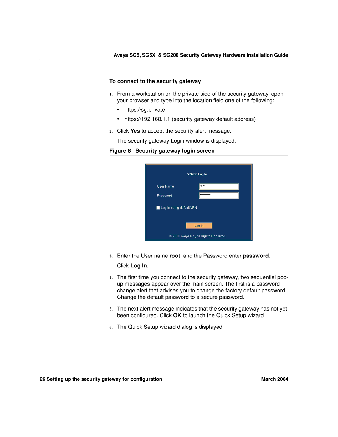 Avaya SG200, SG5X manual To connect to the security gateway, Security gateway login screen 