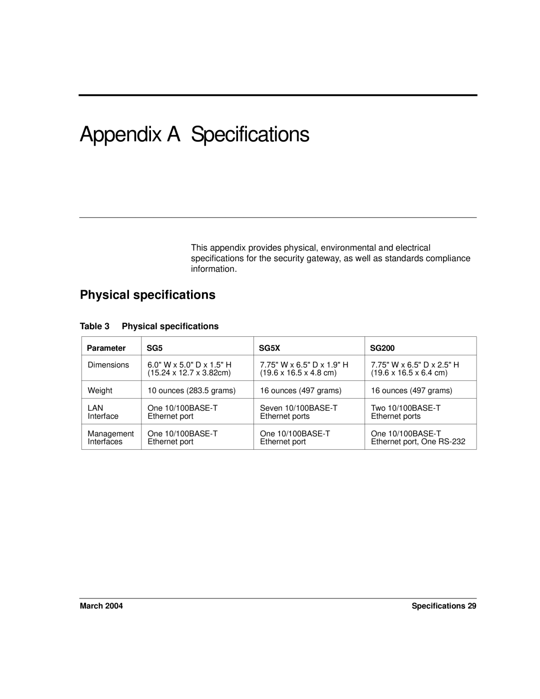 Avaya SG200, SG5X manual Appendix a Specifications, Physical specifications 