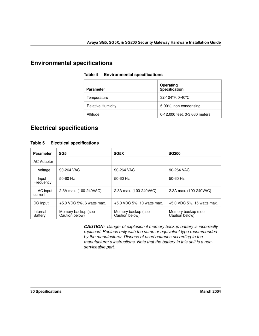 Avaya SG5X, SG200 manual Environmental specifications, Electrical specifications 