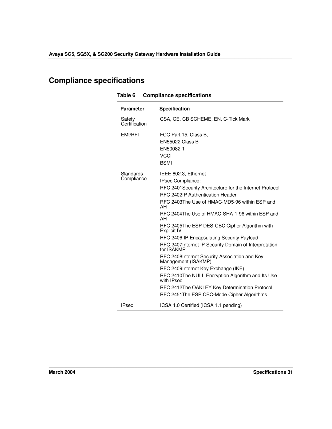 Avaya SG5X, SG200 manual Compliance specifications 