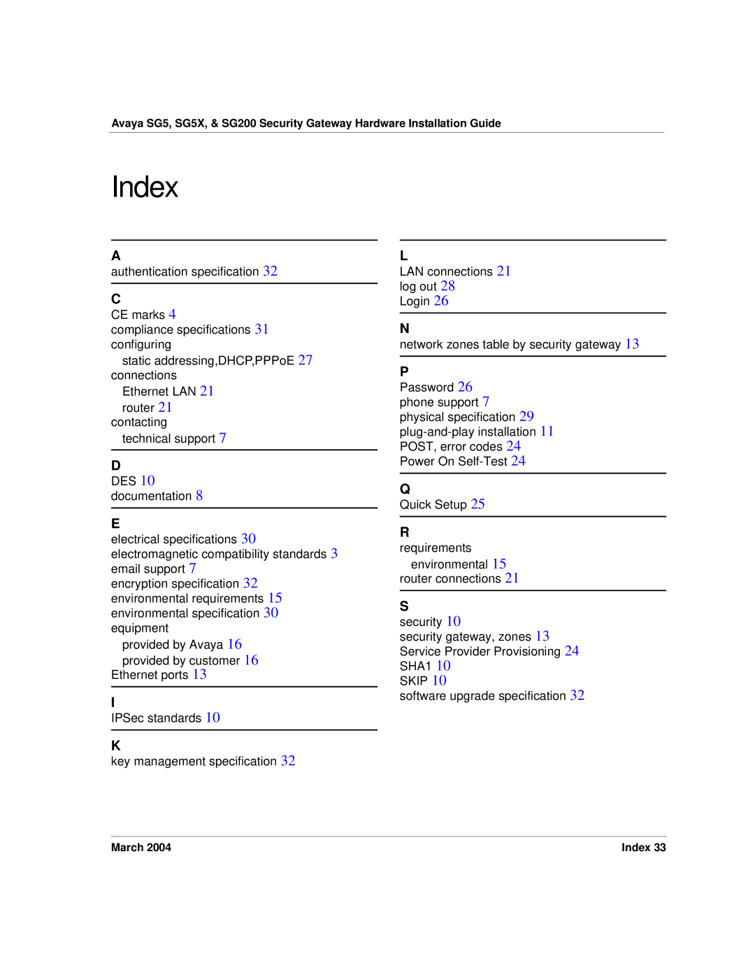 Avaya SG5X, SG200 manual Index, Skip 