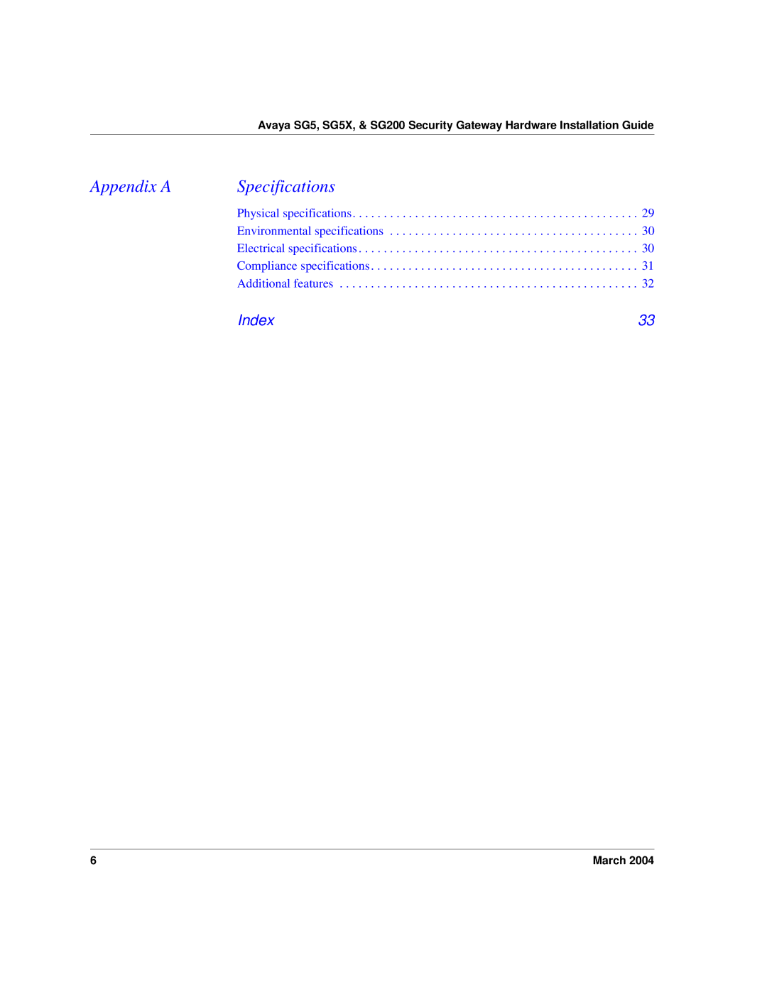 Avaya SG5X, SG200 manual Appendix a Specifications 