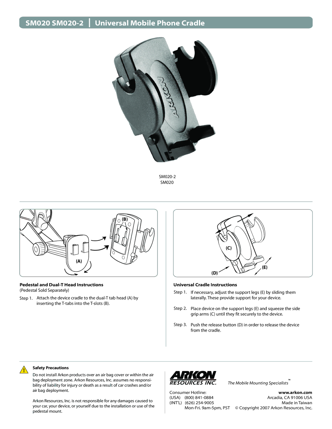 Avaya manual SM020 SM020-2 Universal Mobile Phone Cradle, Pedestal and Dual-T Head Instructions, Safety Precautions 