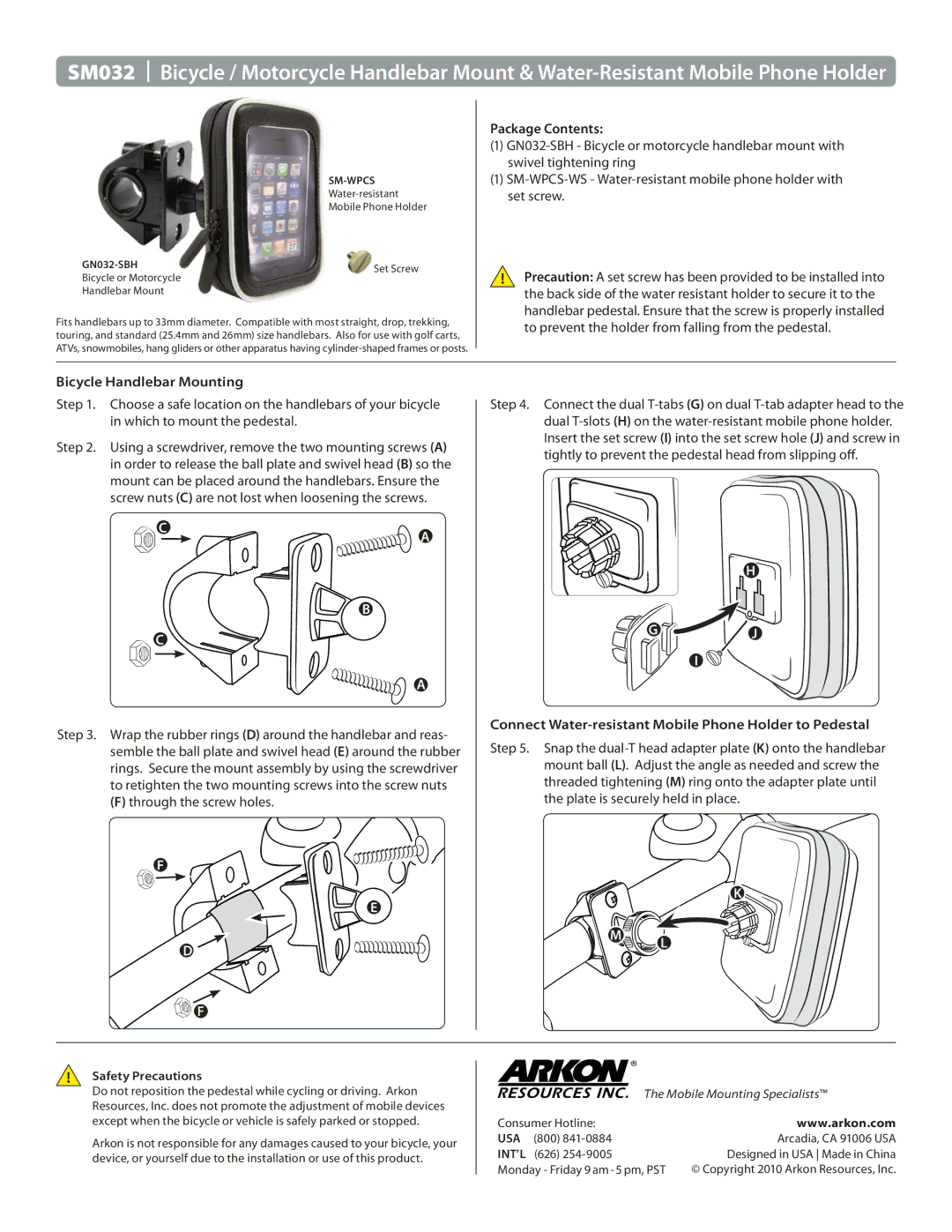 Avaya SM032 manual Package Contents, Bicycle Handlebar Mounting, Connect Water-resistant Mobile Phone Holder to Pedestal 