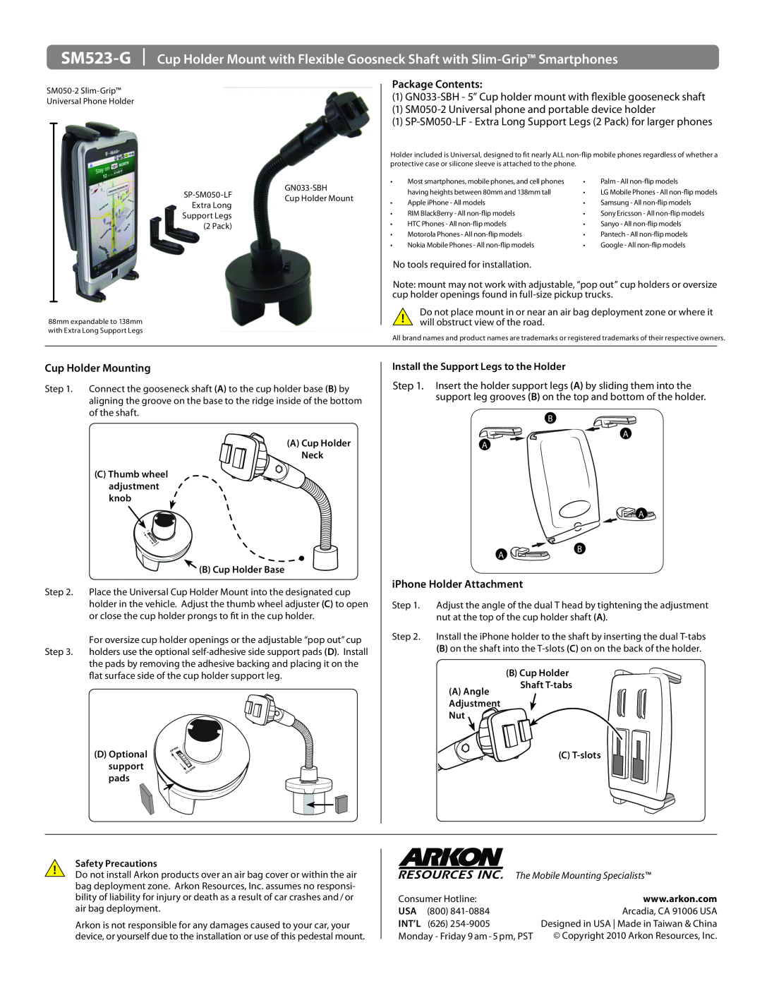 Avaya SM523-G manual Package Contents, Cup Holder Mounting, iPhone Holder Attachment, The Mobile Mounting Specialists 