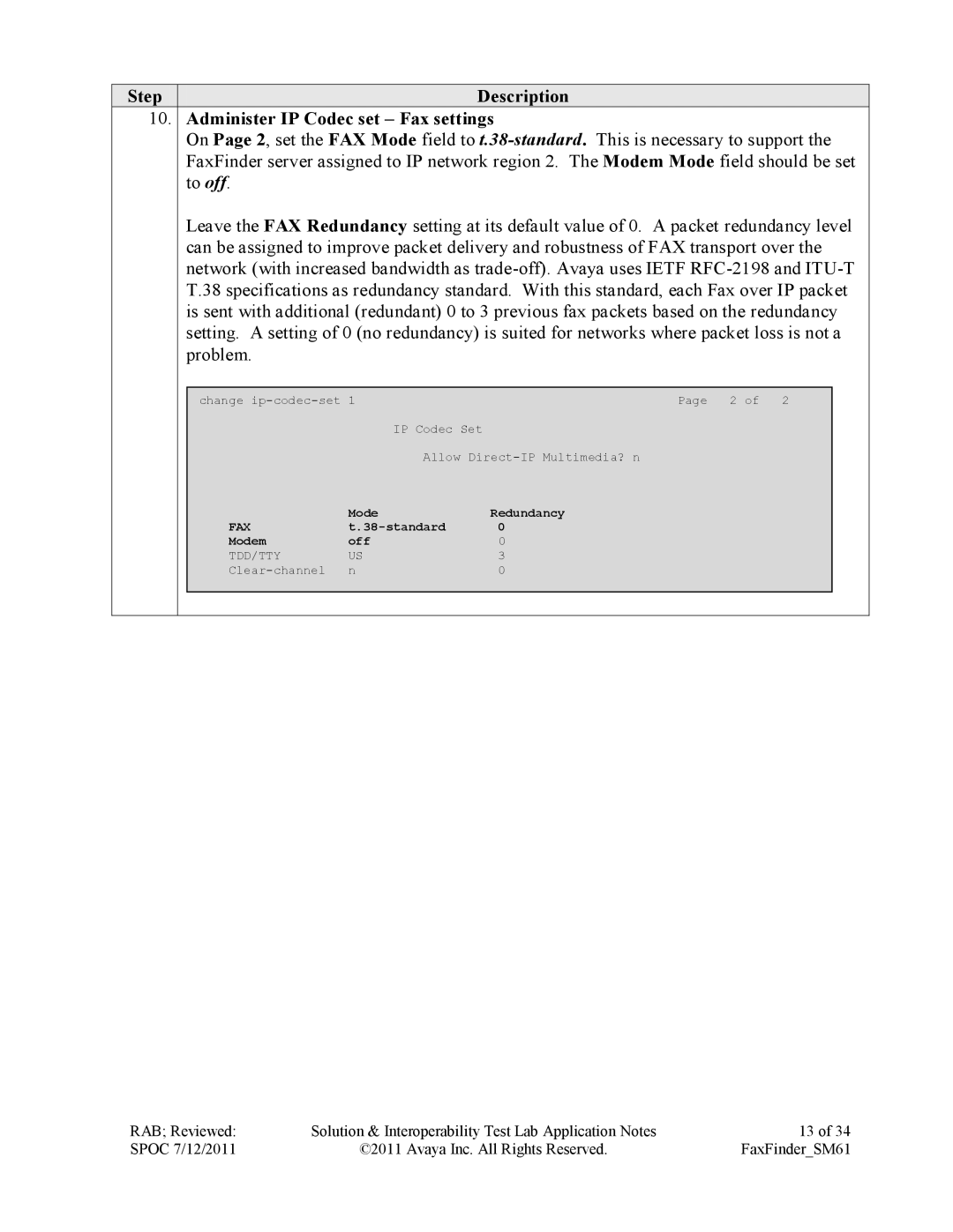 Avaya SM61 manual Step Description Administer IP Codec set Fax settings 