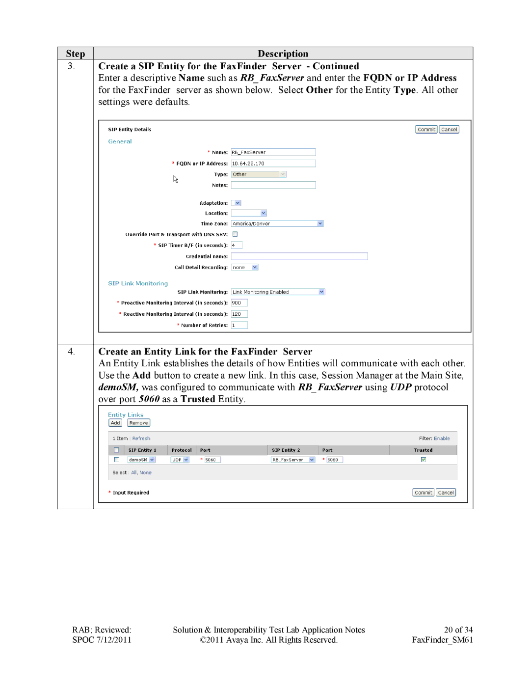 Avaya SM61 manual Create an Entity Link for the FaxFinder Server 