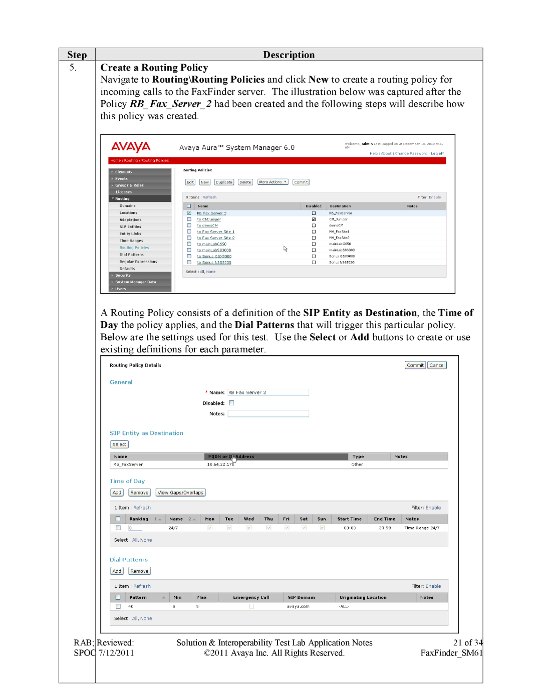 Avaya SM61 manual Step Description Create a Routing Policy 