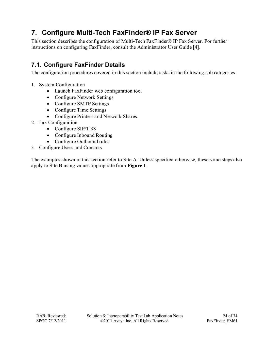 Avaya SM61 manual Configure Multi-Tech FaxFinder IP Fax Server, Configure FaxFinder Details 