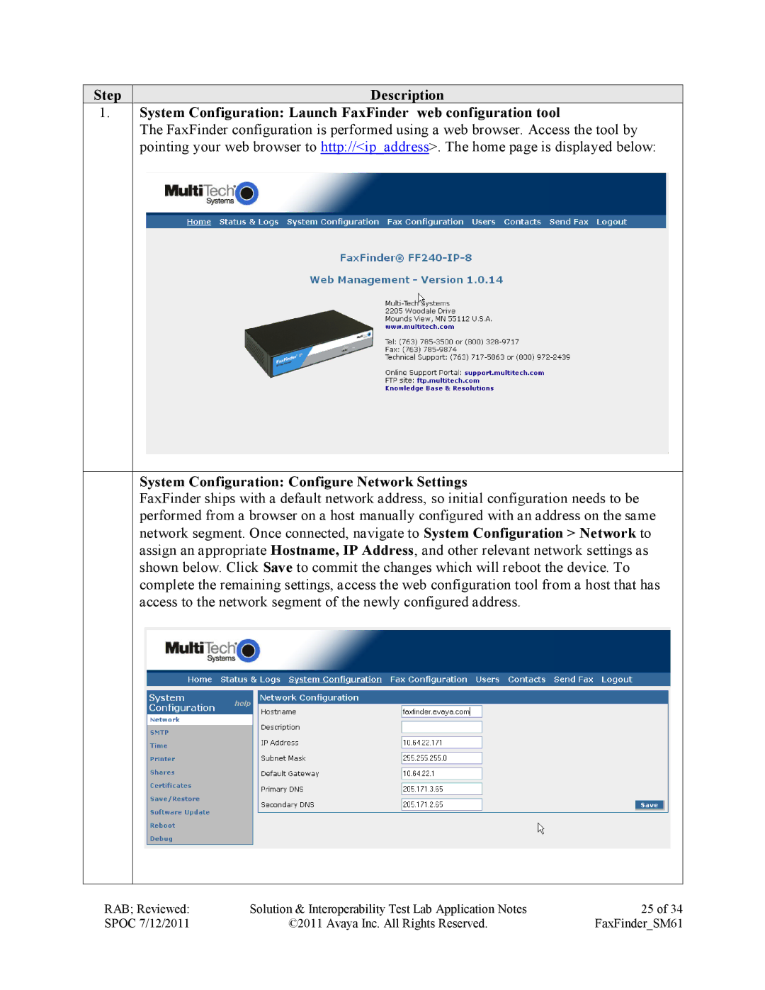 Avaya SM61 manual System Configuration Configure Network Settings 