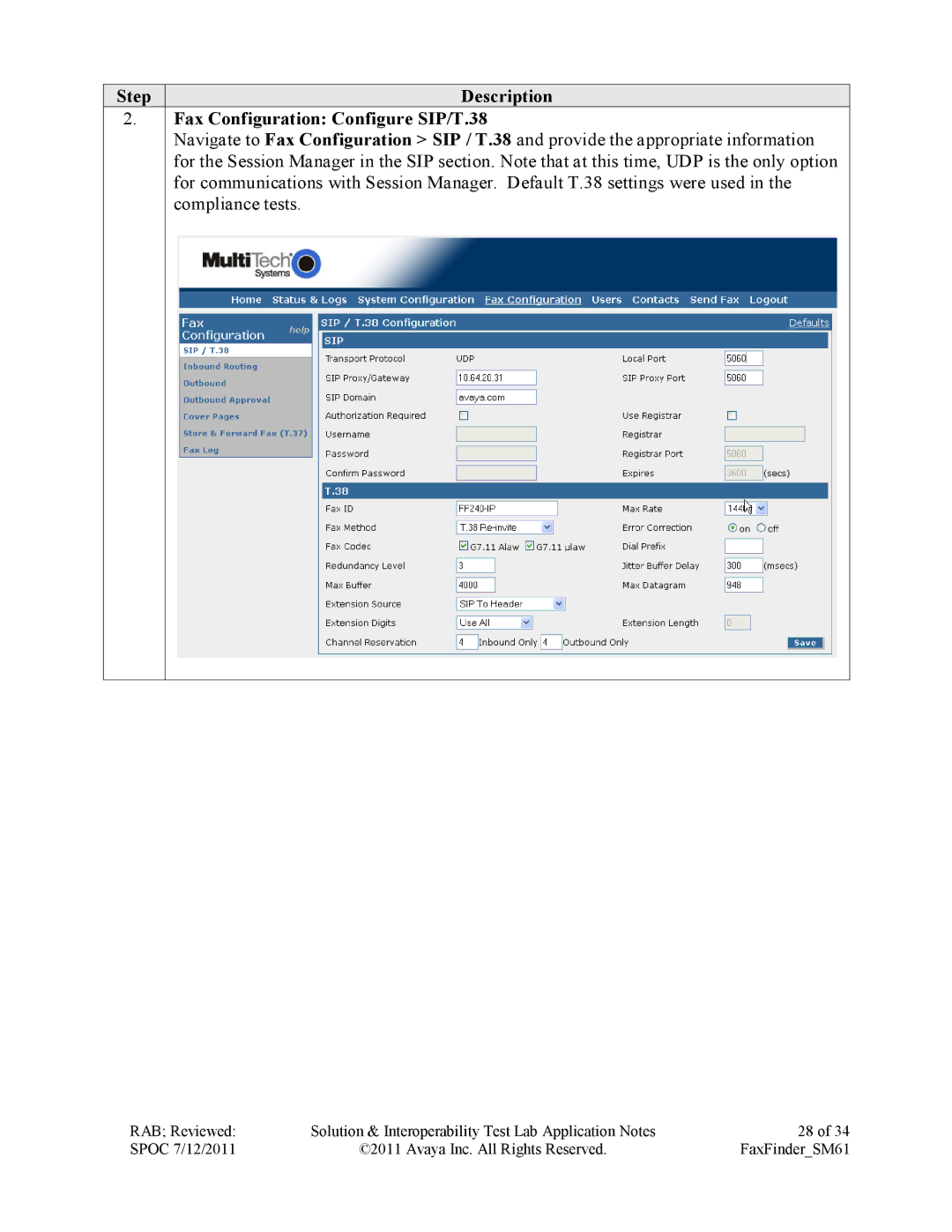 Avaya SM61 manual Step Description Fax Configuration Configure SIP/T.38 