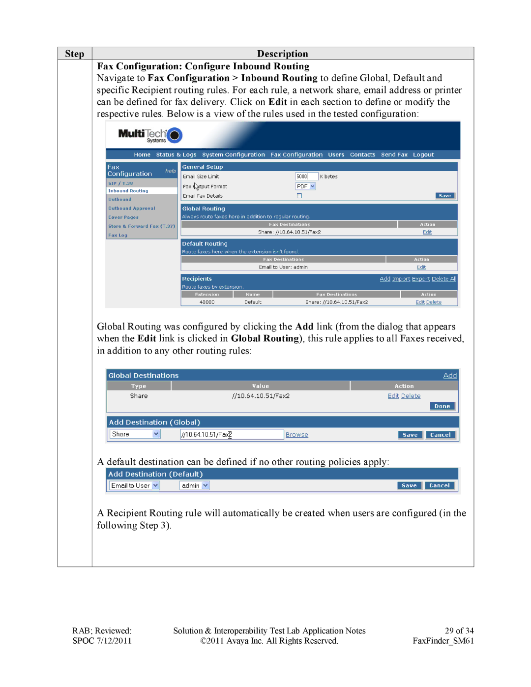 Avaya SM61 manual Step Description Fax Configuration Configure Inbound Routing 