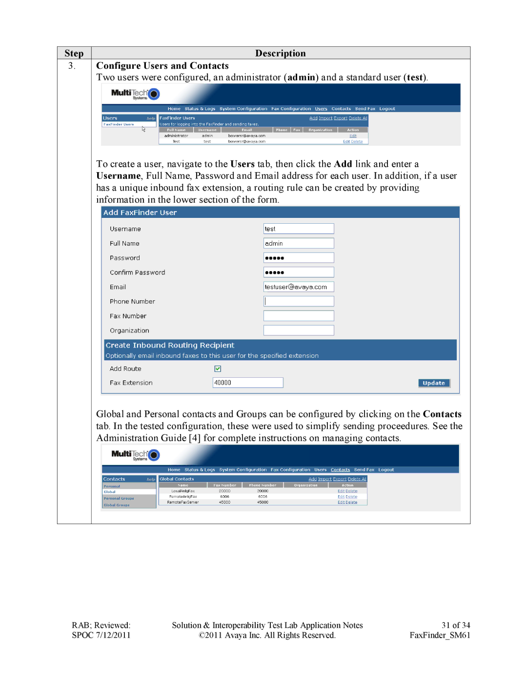 Avaya SM61 manual Step Description Configure Users and Contacts 