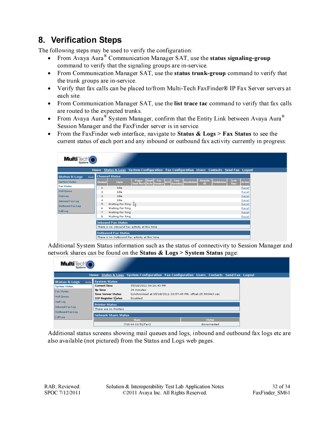 Avaya SM61 manual Verification Steps 