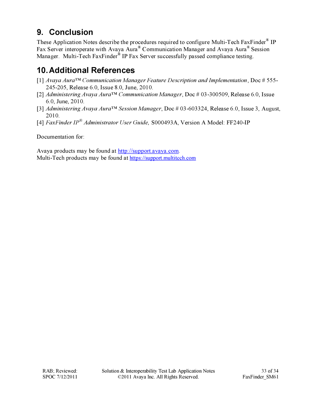 Avaya SM61 manual Conclusion, Additional References 