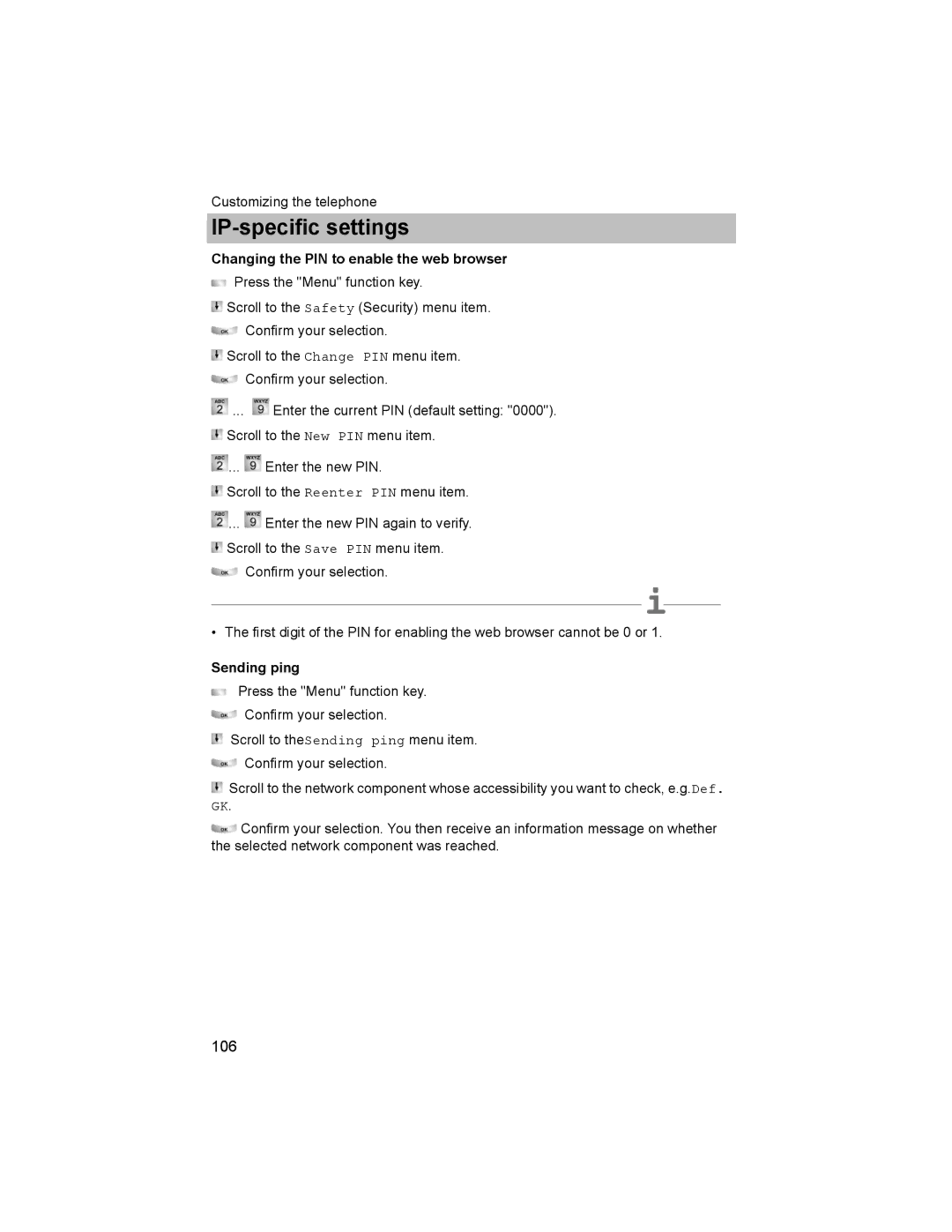 Avaya T3 (IP) Comfort manual Changing the PIN to enable the web browser, Sending ping 