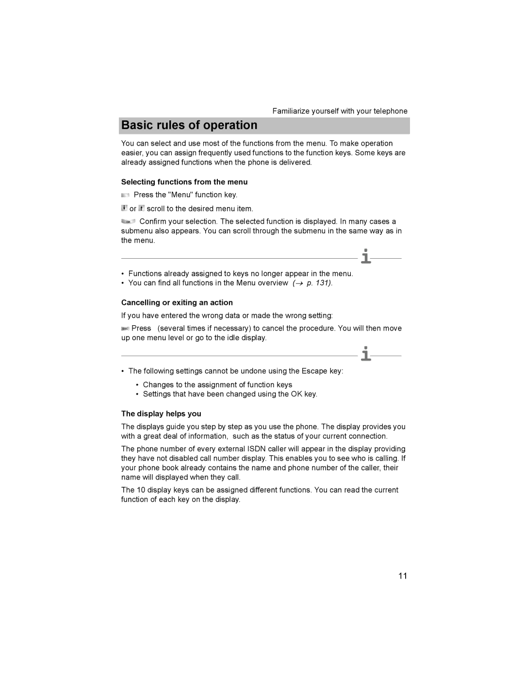 Avaya T3 (IP) Comfort manual Basic rules of operation, Selecting functions from the menu, Cancelling or exiting an action 