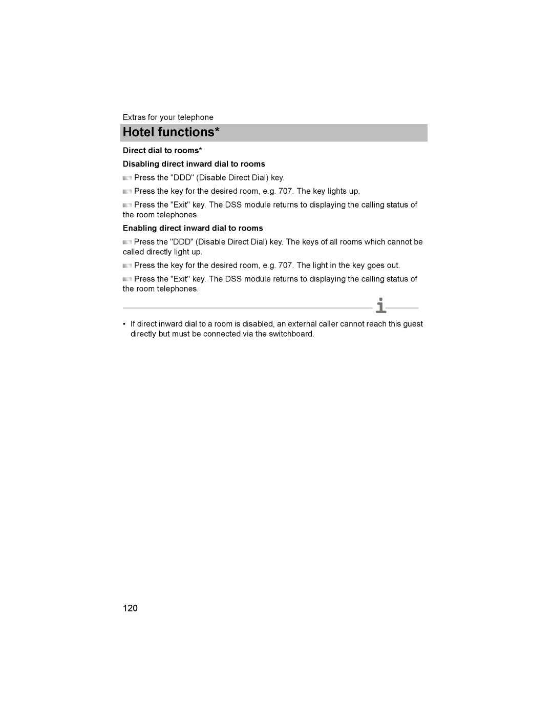 Avaya T3 (IP) Comfort Direct dial to rooms Disabling direct inward dial to rooms, Enabling direct inward dial to rooms 