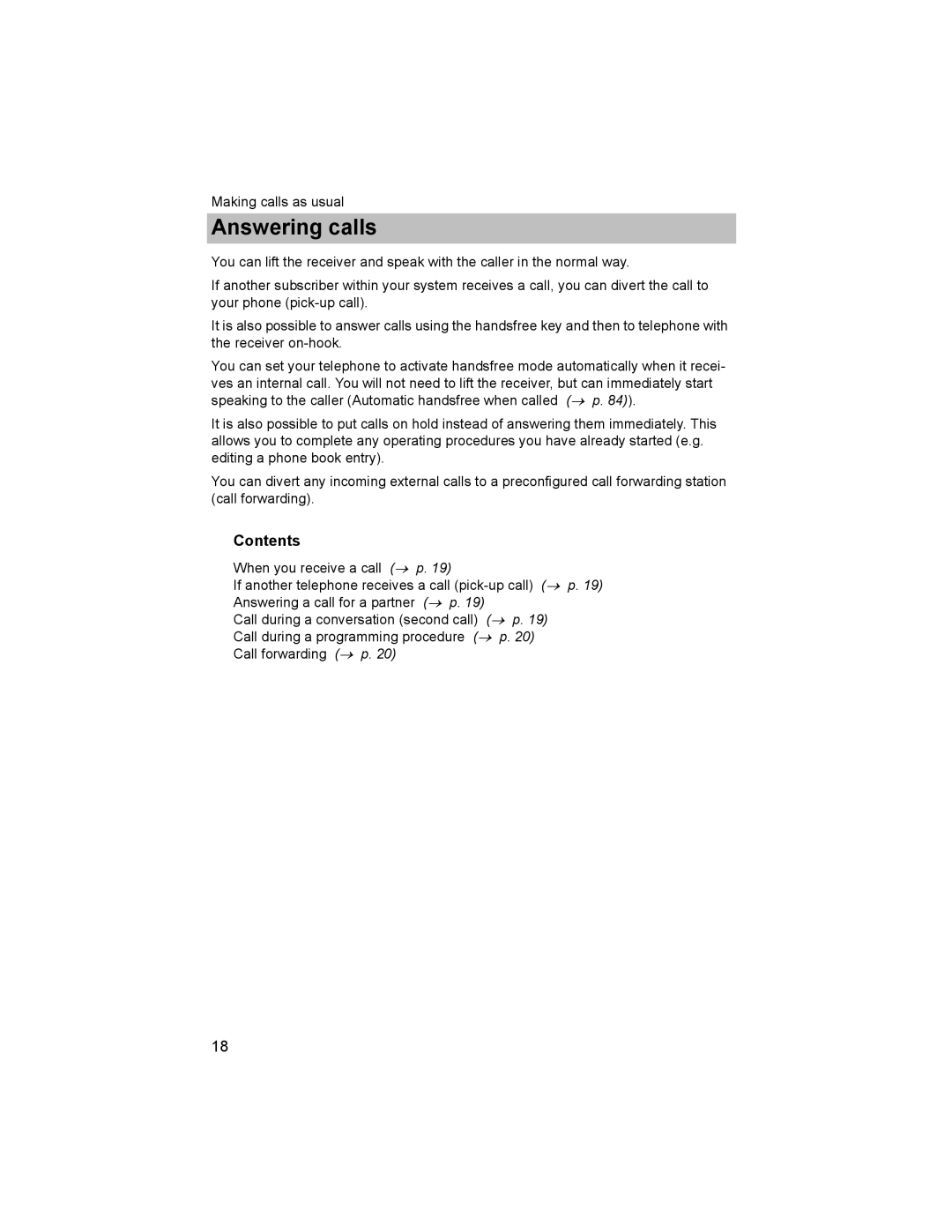 Avaya T3 (IP) Comfort manual Answering calls, InhaltContents 