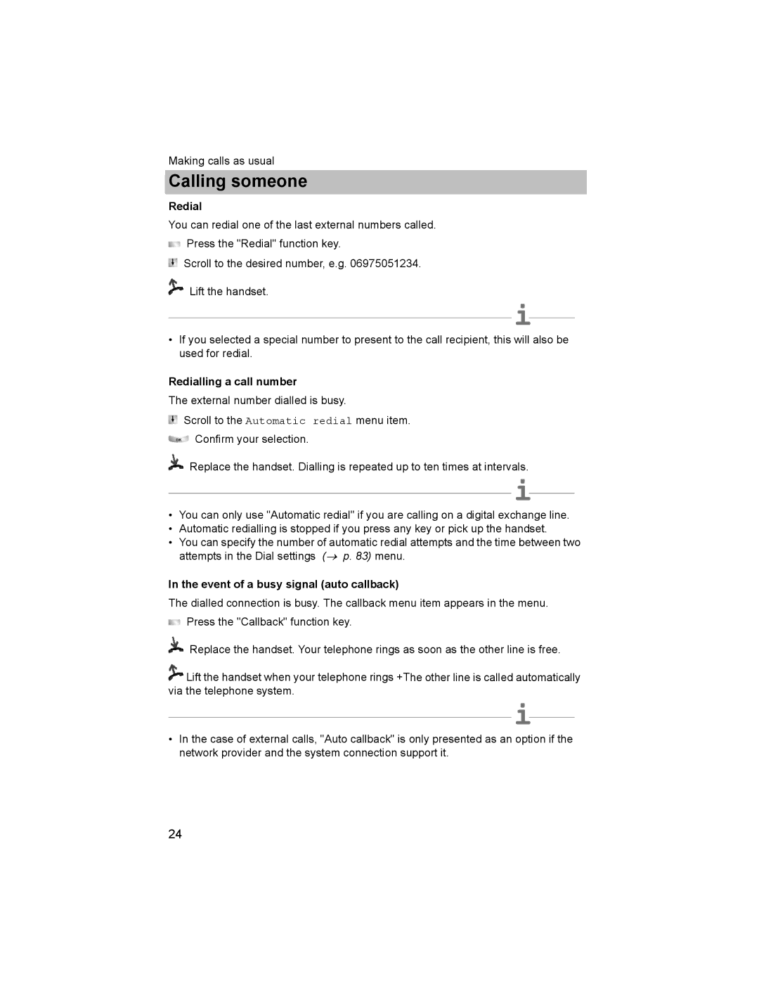 Avaya T3 (IP) Comfort manual Redialling a call number, Event of a busy signal auto callback 